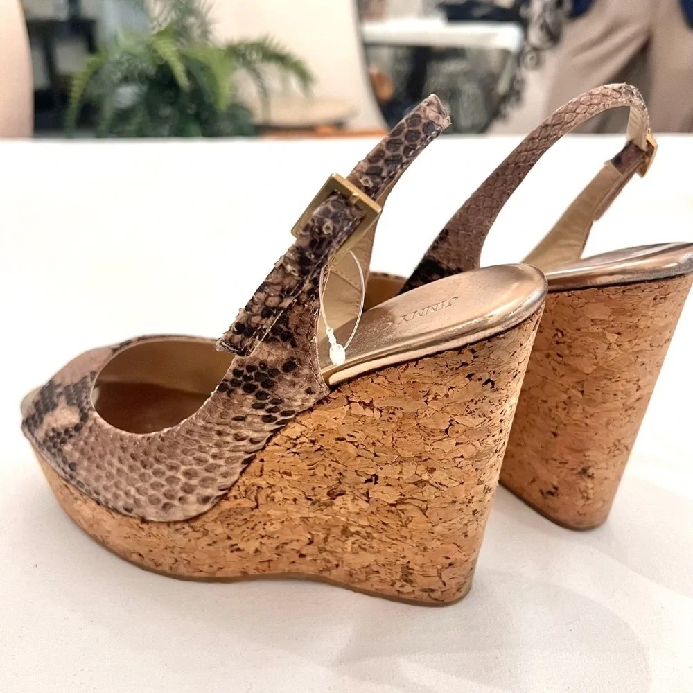 Jimmy Choo Snakeskin Leather Cork Slingback Wedge 38